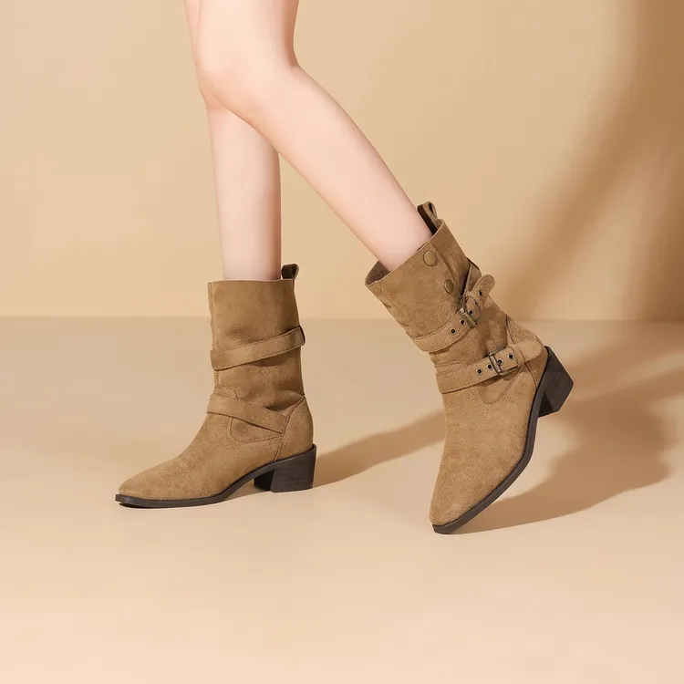 2025年真皮新款甜酷辣妹厚底系扣时装靴女街头潮流百搭机车风短靴