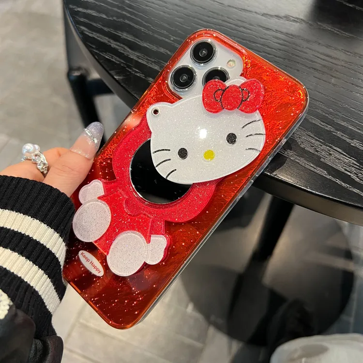 红色闪粉kitty猫镜子手机壳适用苹果iPhone16Promax可爱补妆镜15p