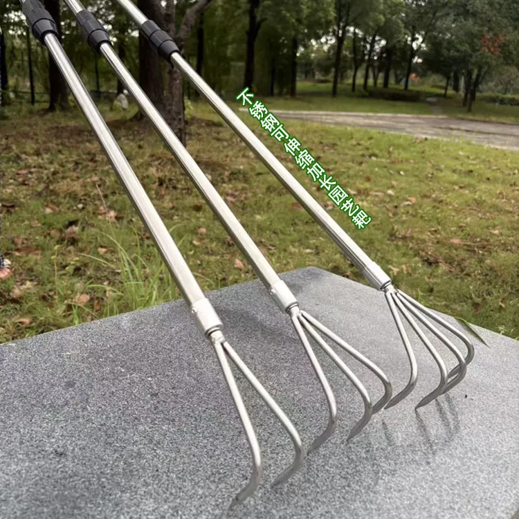不锈钢捡菌菇耙子赶海搂树叶捡花生松土工具加长伸缩户外园艺耙