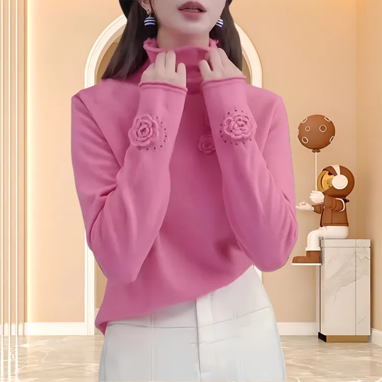 粉色立体刺绣花朵提花针织衫秋季新款甜美减龄长袖半高领修身上衣