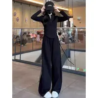 2025秋酷辣休闲运动套装女修身收腰显瘦黑色长袖上衣阔腿裤两件套