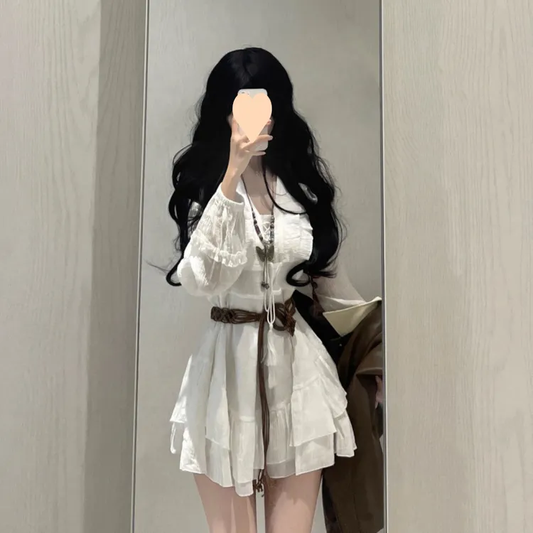 法式甜美高级感韩版复古纯欲荷叶边小个子白色连衣裙女2025收腰