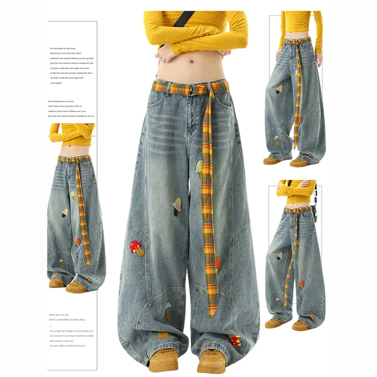 【送腰带+运费险】美式复古设计感阔腿裤女趣味小众刺绣弯刀牛仔裤