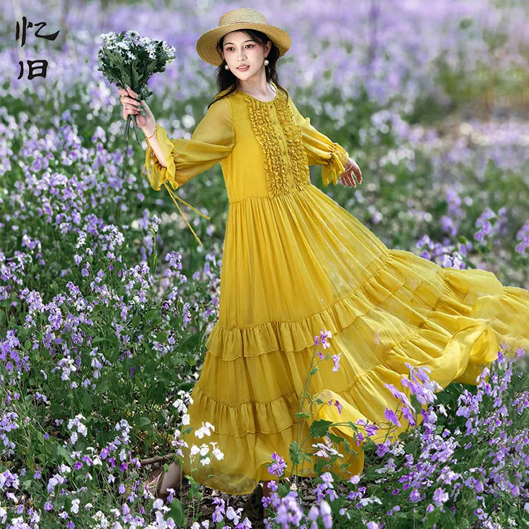 【半夏琉璃】文艺雪纺连衣裙女春季精致木耳边大摆裙飘逸仙气长裙