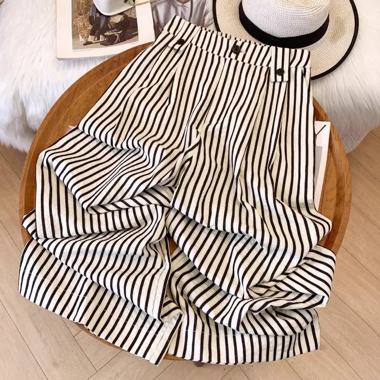 拉夏贝尔时尚条纹窄版阔腿裤女夏季2025新款高腰显瘦直筒休闲裤子