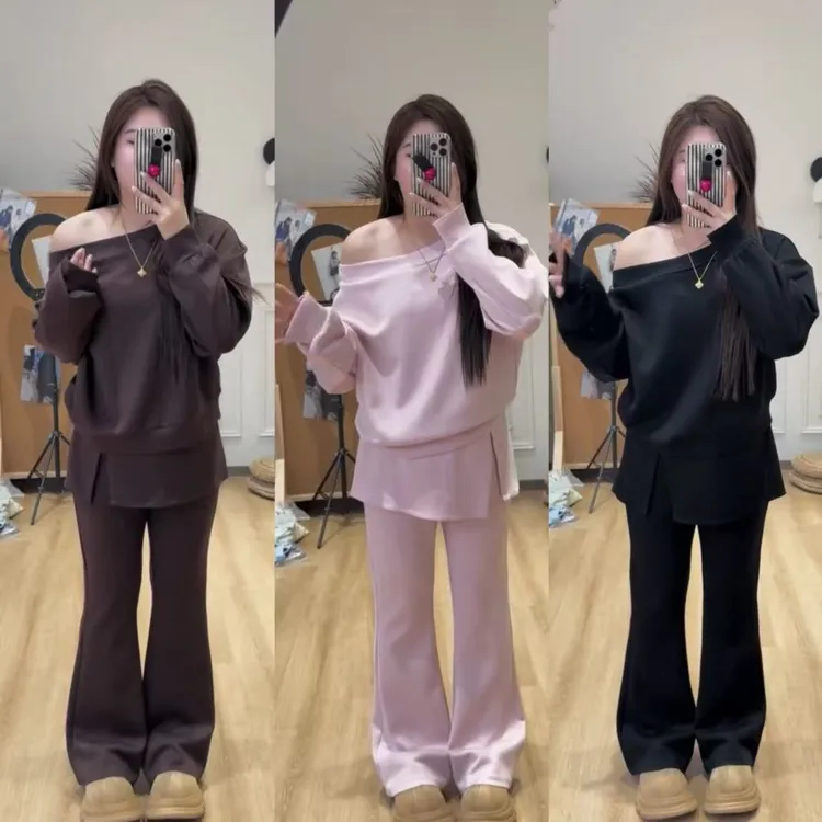 秋季斜肩卫衣屁帘马蹄卫裤ins时尚套装胖mm显瘦遮肉慵懒大码女