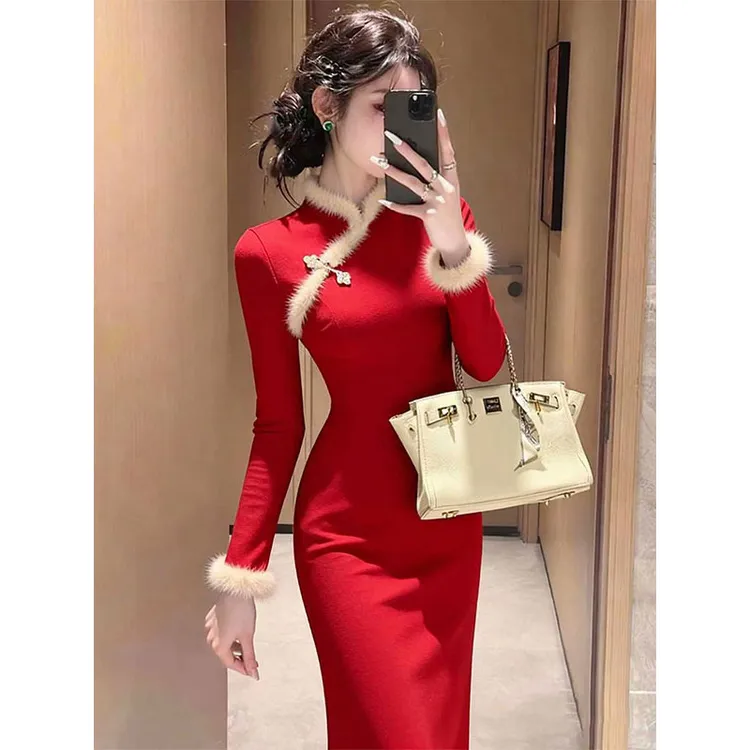 新中式国风改良订婚旗袍年轻款少女重要场合红色圣诞加绒连衣裙冬