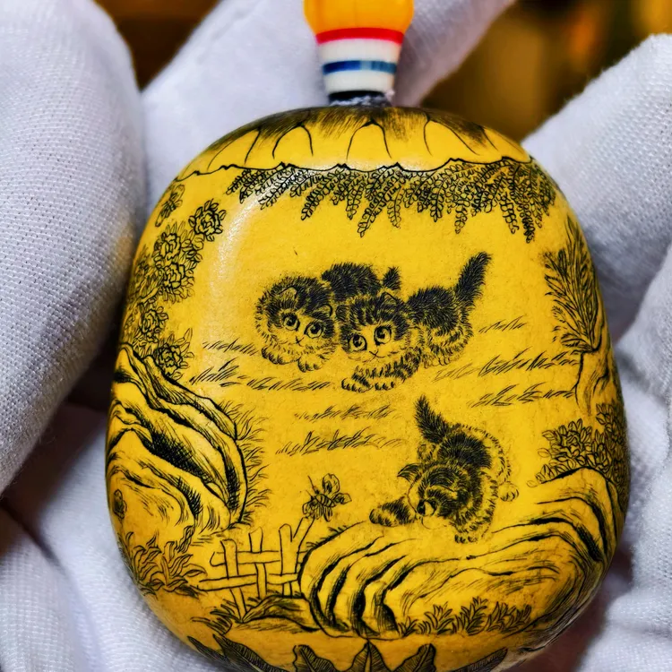 雅青阁葫芦手工针刺微雕墨刻针刻夹板葫芦5只猫文玩把玩葫芦