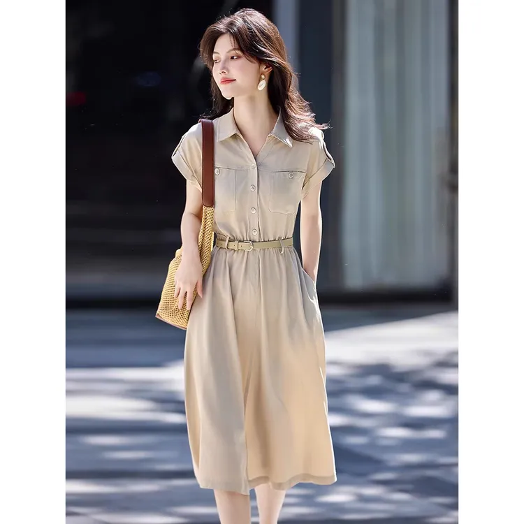 休闲感仿天丝衬衫连衣裙女夏2025新款收腰显瘦衬衫裙小个子裙子