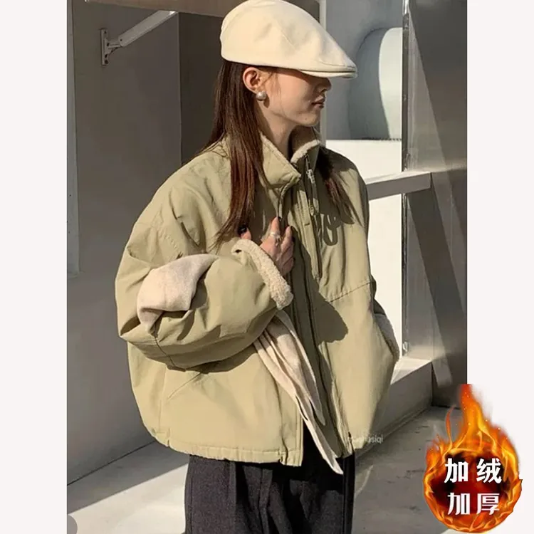 【加绒加厚】羊羔毛短款派克服小个子2025韩版爆款潮休闲宽松棉服