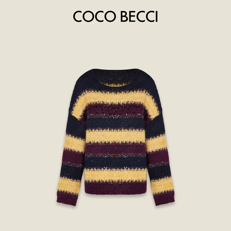 COCO BECCI【叶落秋意】绵羊毛撞色条纹亮片时尚针织衫CFXYD131233