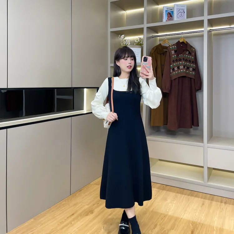 现货-慕翎【蜜意学院】高克重配大衣针织假两件连衣裙