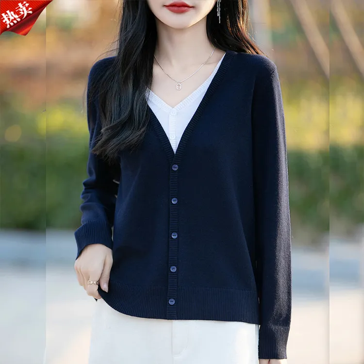 品牌2025秋季新款V领假两件百搭显瘦开衫女士内搭针织衫时尚毛衣