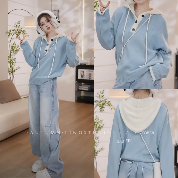 LING/STUDIO『元气苏打』100%绵羊毛秋冬减龄套头连帽毛衣5102685