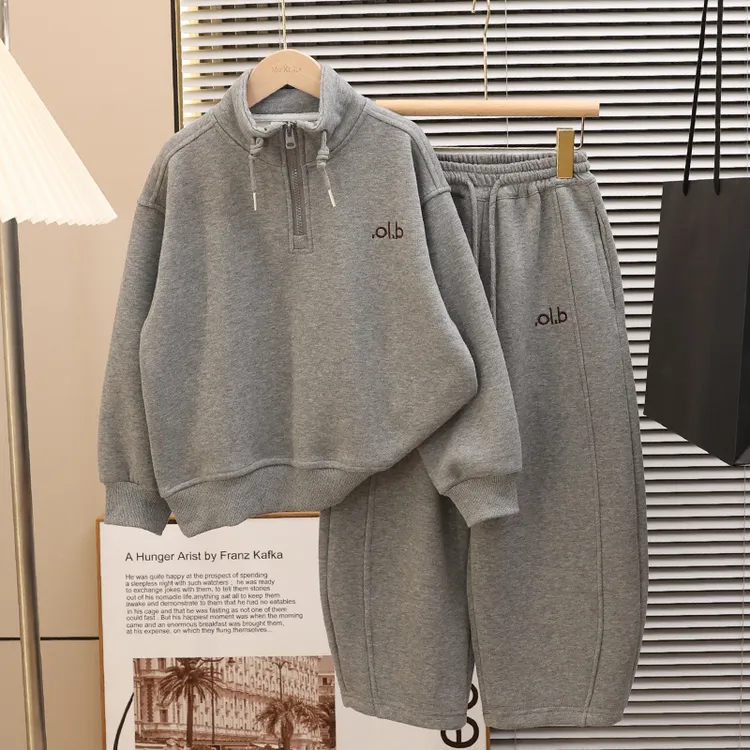男女童加绒卫衣2025新款儿童秋冬装套装加厚半拉链休闲宽松帅气潮