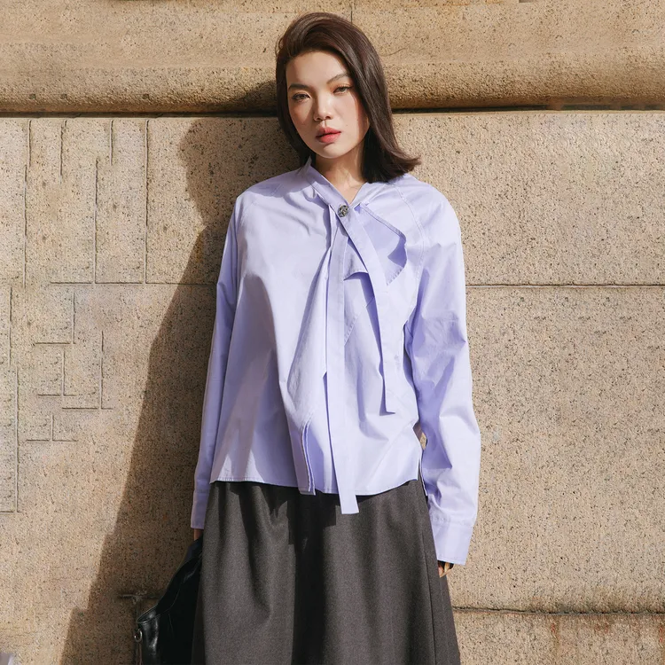 PLUSMALL 云汀紫霞 不对称荷叶飘带门襟磨绒棉衬衫PLUS2509163