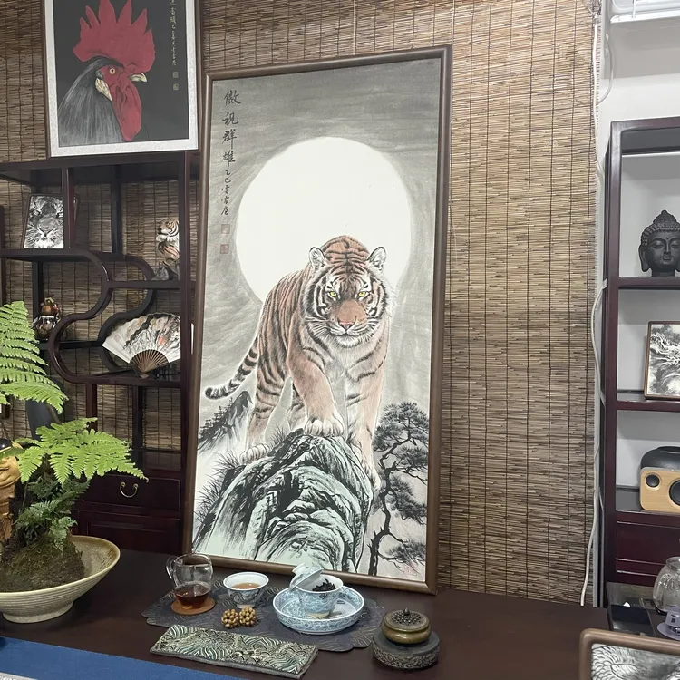 手绘国画《傲视群雄》124*64cm实木框 茶室玄关客厅上山虎挂画 免装