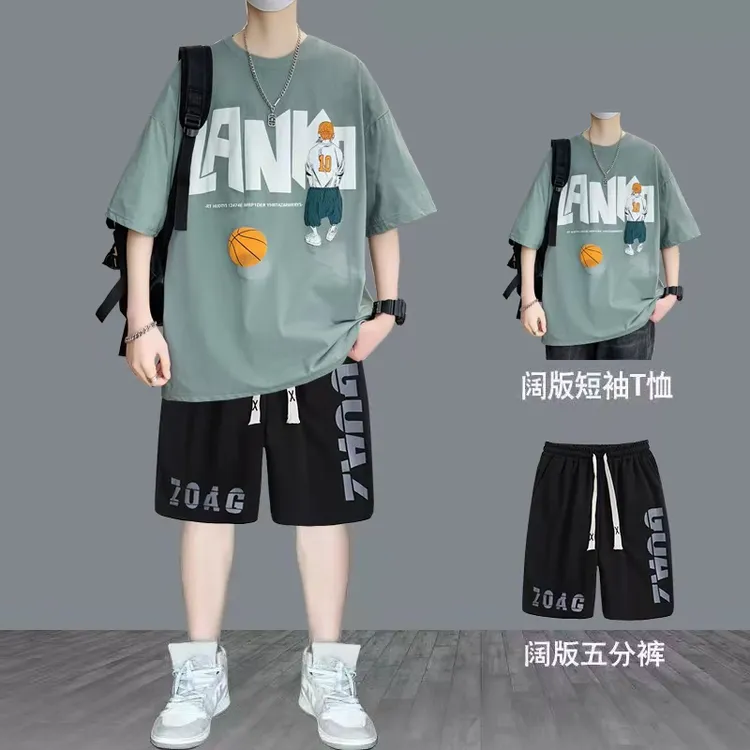 100%纯棉时尚休闲运动套装短裤短袖T恤帅气男士中学生夏季青少年