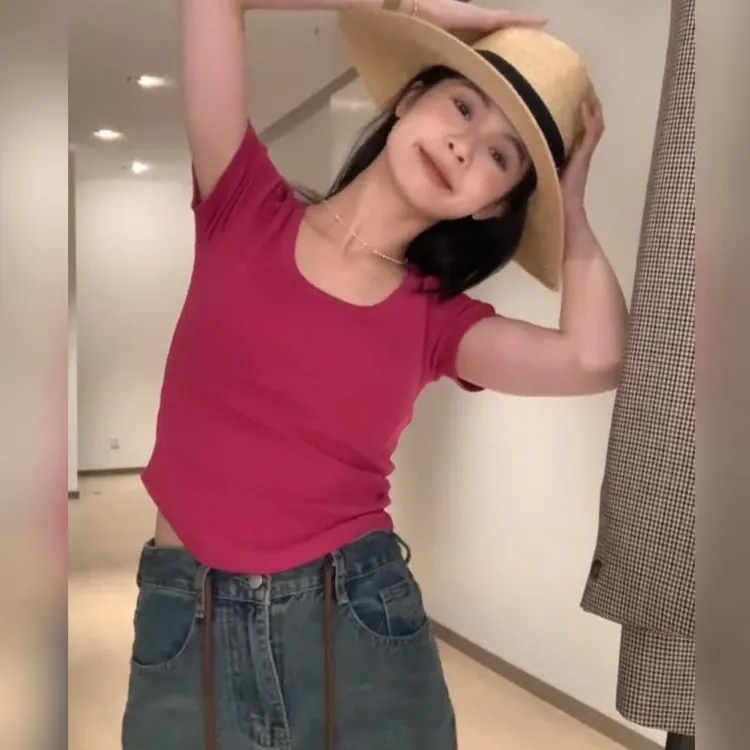 韩代方领正肩t恤女短袖夏季新款修身显瘦体恤玫红色上衣女