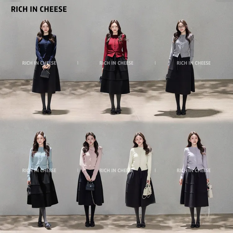 金川川 韩女法则【少量现货】 秋冬纽扣针织开衫抽绳加厚花苞裙套装