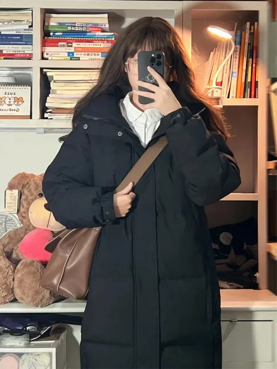 中戏同款羽绒服女长款过膝黑色连帽白鸭绒冬2025年新款炸街外套