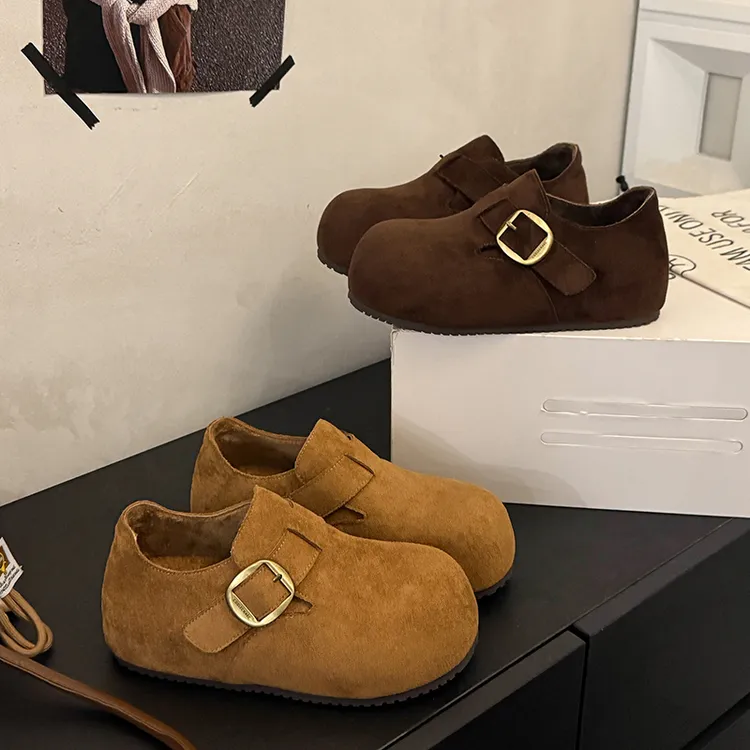 5cm~真皮加绒保暧内增高厚底勃肯鞋女2025年冬款防滑棉鞋豆豆鞋