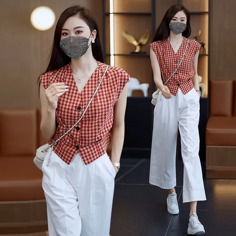 2025年夏季新款窄版阔腿裤子女薄款韩系裤子+纽扣开衫套装两件套