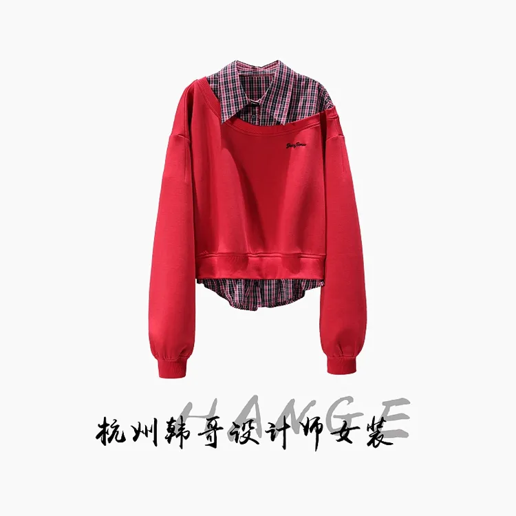【韩哥欧货女装】冬季加厚《胭脂红》拼接衬衣领假两件卫衣26595