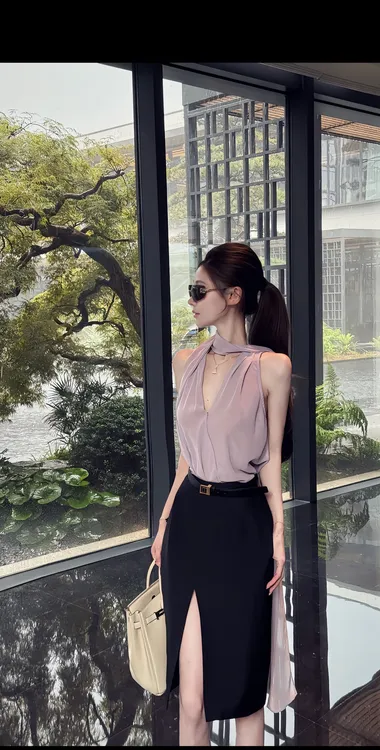 2025夏季新款小众优雅V领紫色绑带挂脖背心配高腰开叉半身裙套装