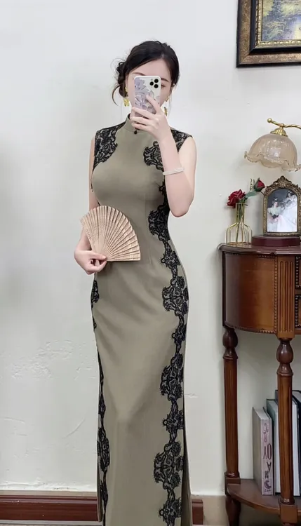 予溪自制【梦华录】国风新中式矜贵蕾丝气质高知淡人改良旗袍连衣裙