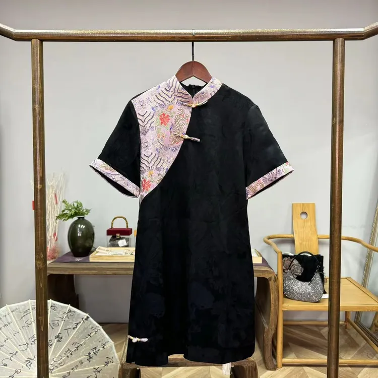 半城烟花！蚕丝织锦拼醋酸冠乐绉新中式国风连衣裙！GZ3646