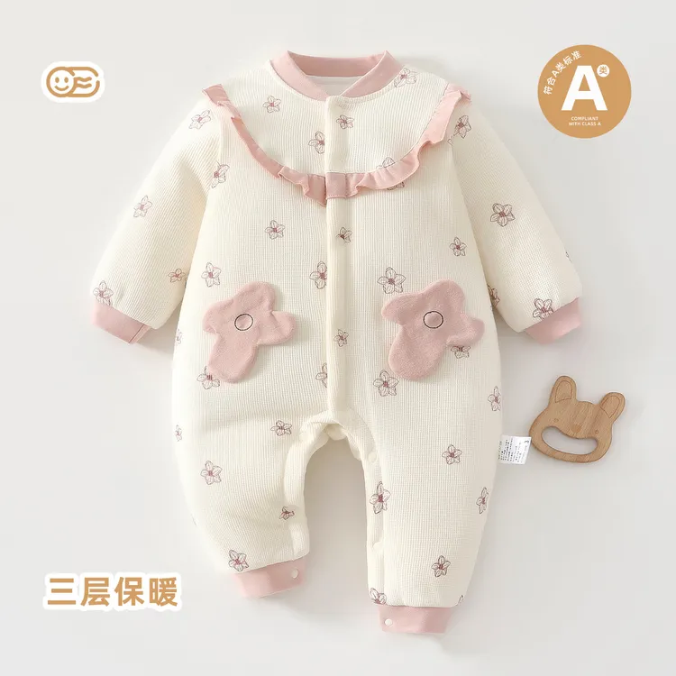 80克夹棉新生婴儿衣服秋冬季女宝宝可爱花边连体衣百天哈衣外出服
