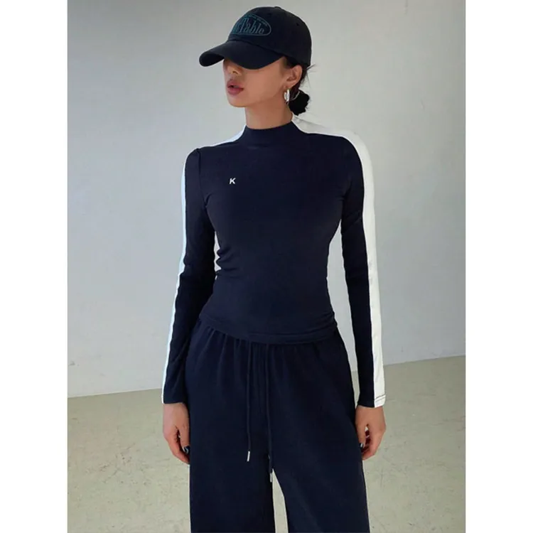 藏蓝色修身长袖t恤女时尚套装2025秋季新款宽松阔腿裤纯色两件套