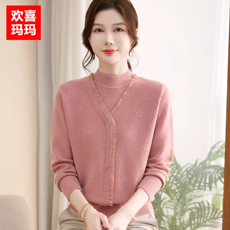 妈妈秋装新款假两件半高领针织小衫中老年女装秋冬打底衫时尚毛衣