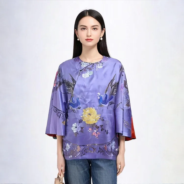 厚款薄款上衣老料外披长款紫色新中式冬季复古重磅真丝老软缎