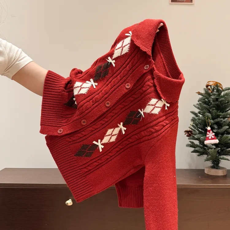 红色圣诞氛围感穿搭针织毛衣开衫女2025冬季加厚软糯宽松外套