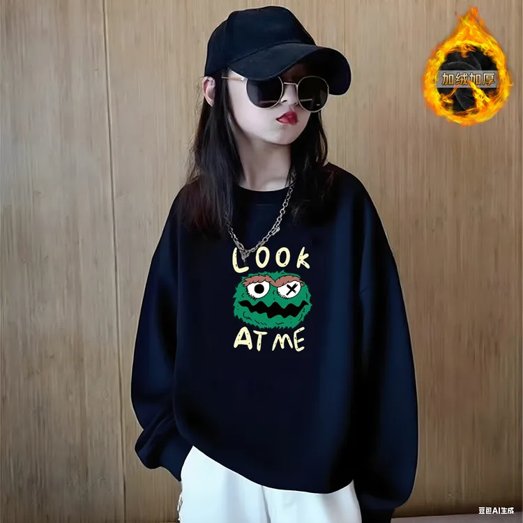 女童卫衣加绒加厚长袖初中生休闲圆领冬季宽松百搭ins春秋网红潮