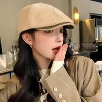 秋冬灯芯绒前进帽英伦复古时尚画家帽日系休闲文艺前进帽女纯色