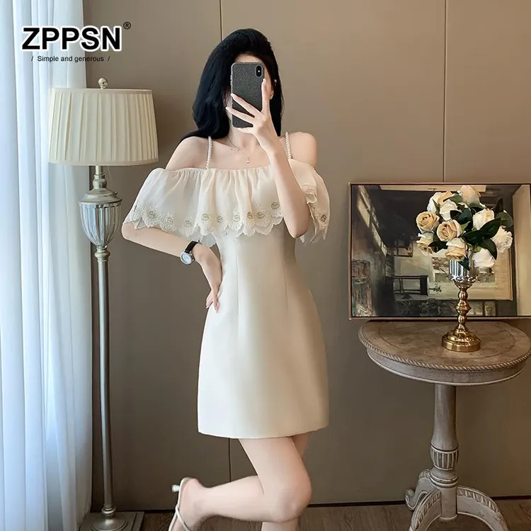 ZPPSN-夏季千金名媛气质女神范小个子轻奢露肩吊带一字肩连衣裙女