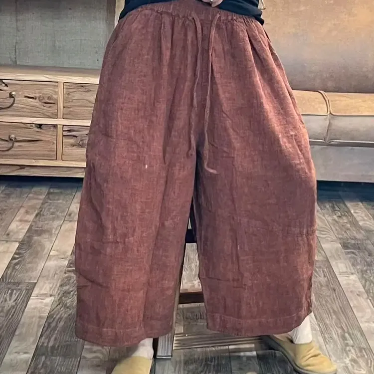 新品春秋麻料炒色做旧拼接女士休闲裤(长78臀围146)