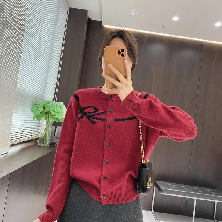 IMFLY金小金自制女装 针织开衫DYW10227秋冬蝴蝶结圆领针织上衣