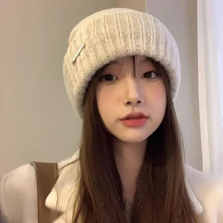 韩版秋冬针织帽子女时尚字母标可爱猫耳朵毛线帽保暖显脸小套帽