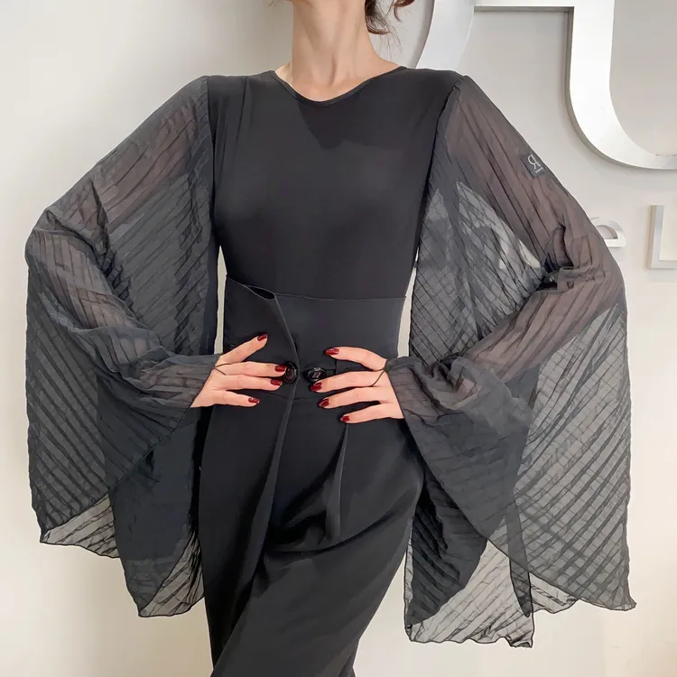 GR1197圆领雪纺百褶大飘袖连体上衣摩登舞国标舞