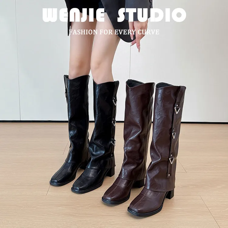 尖头两穿堆堆靴真皮侧扣大码高跟长筒靴2025新款褶皱加宽筒裤管靴
