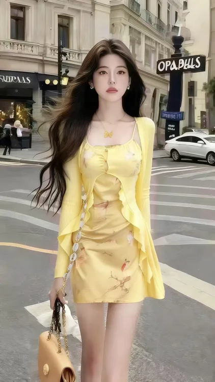 时尚气质名媛纯欲风百搭U领系扣长袖小衫+修身设计感裙子黄色套装