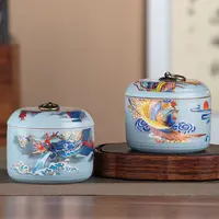 天青色龙凤陶瓷茶叶罐密封罐储茶罐一对装-1443