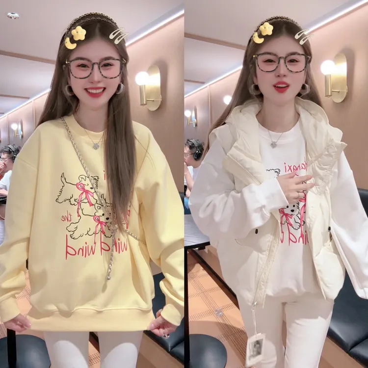 【许小姐专属】蝴蝶结小狗印花黄色卫衣女秋冬款加厚宽松大码无帽圆领套头上衣潮