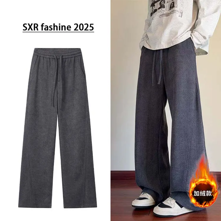 欧棉绒麦穗纹美式弯刀阔腿长裤加绒保暖休闲裤潮流宽松百搭垂感裤