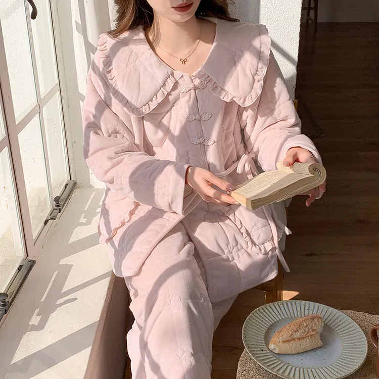 新中式国风睡衣女冬季加厚三层夹棉保暖加绒可外穿棉袄套装家居服