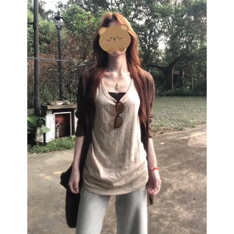 MARIE.COCO复古风早秋季两件套女咖色开衫外套小上衣垂感喇叭长裤